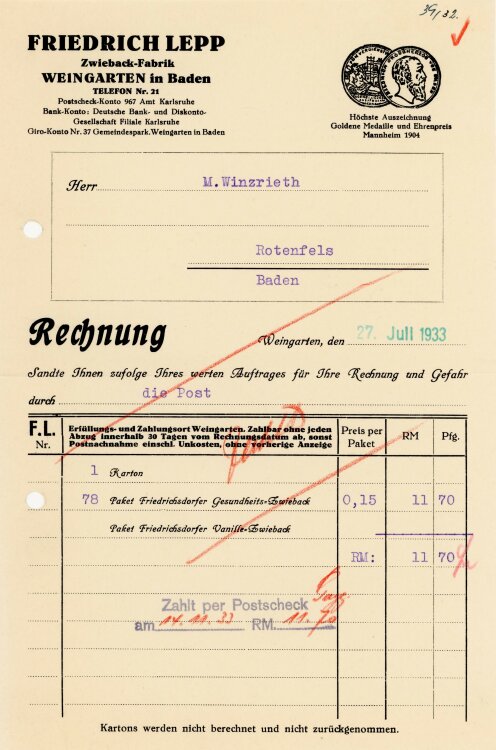 Friedrich Lepp Zwieback-Fabrik  - Rechnung  - 27.07.1933