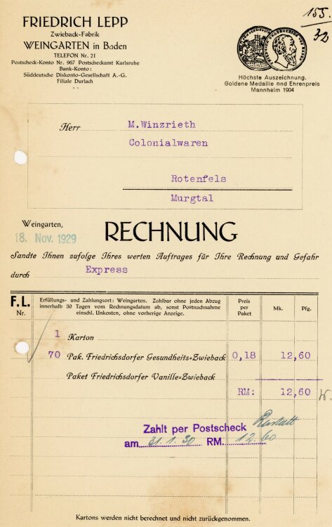 Friedrich Lepp Zwieback-Fabrik  - Rechnung  - 18.11.1929