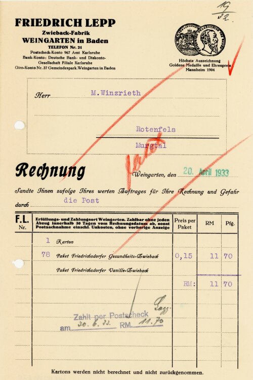 Friedrich Lepp Zwieback-Fabrik  - Rechnung  - 20.04.1933