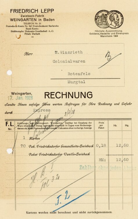 Friedrich Lepp Zwieback-Fabrik  - Rechnung  - 17.01.1928