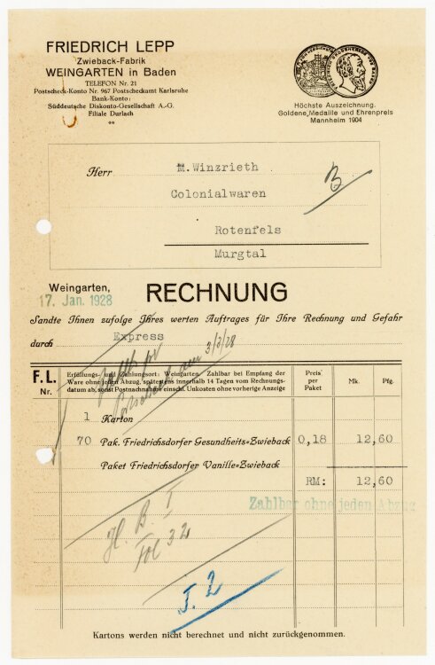 Friedrich Lepp Zwieback-Fabrik  - Rechnung  - 17.01.1928