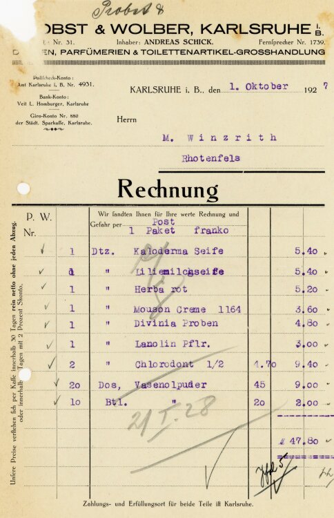 Probst & Wolber, Karlsruhe. Inhaber: Andreas Schick. Drogen, Parfümerien und Toilettenartikel-Grosshandlung - Rechnung  - 01.10.1927