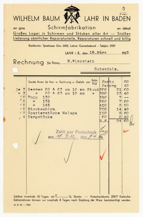 Wilhelm Baum Schirmfabrikation - Rechnung  - 18.03.1933