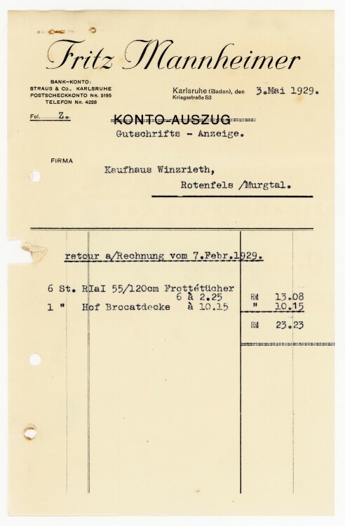 Probst & Wolber, Karlsruhe. Inhaber: Andreas Schick. Drogen, Parfümerien und Toilettenartikel-Grosshandlung  - Rechnung - 03.05.1929