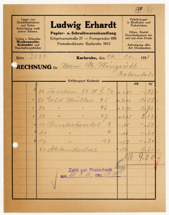 Ludwig Erhardt, Papier- u. Schreibwarenhandlung - Rechnung - 14.11.1930