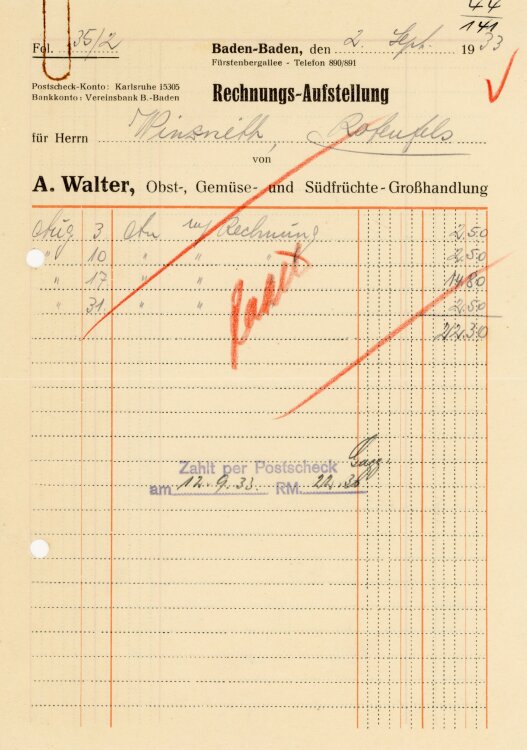 A.Walter, Obst-, Gemüse- und Südfrüchte-Großhandlung  - Rechnung  - 02.09.1933
