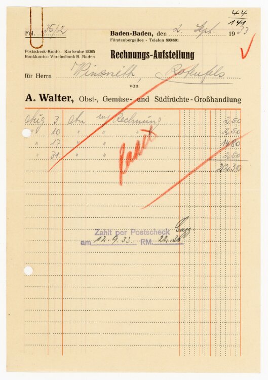 A.Walter, Obst-, Gemüse- und Südfrüchte-Großhandlung  - Rechnung  - 02.09.1933