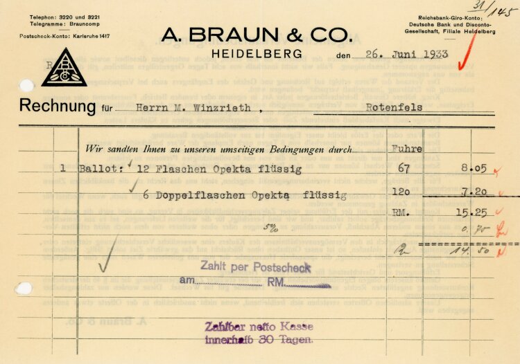 A. Braun & Co. - Rechnung  - 26.06.1933