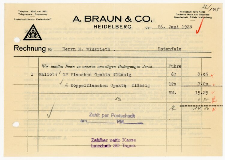 A. Braun & Co. - Rechnung  - 26.06.1933