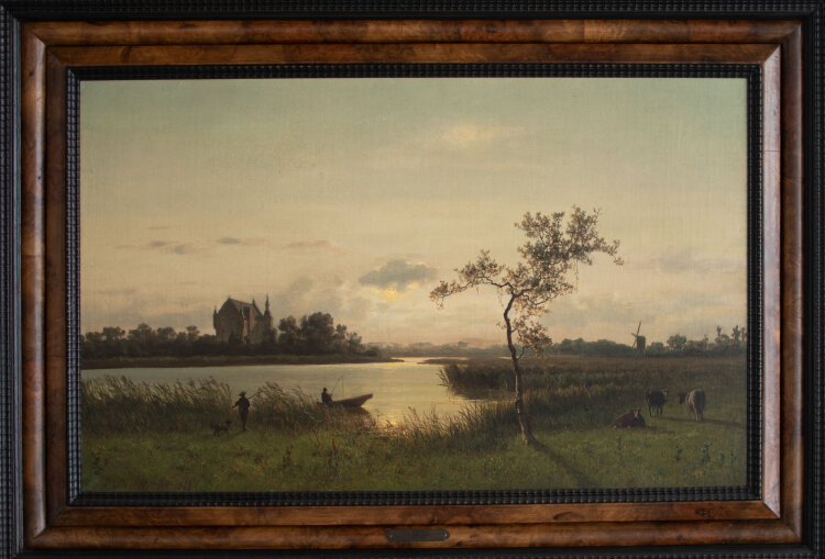 Johannes Joseph Destrée - Flusslandschaft mit weidenden Rindern, Mühle und Schloss - 1868 - Öl