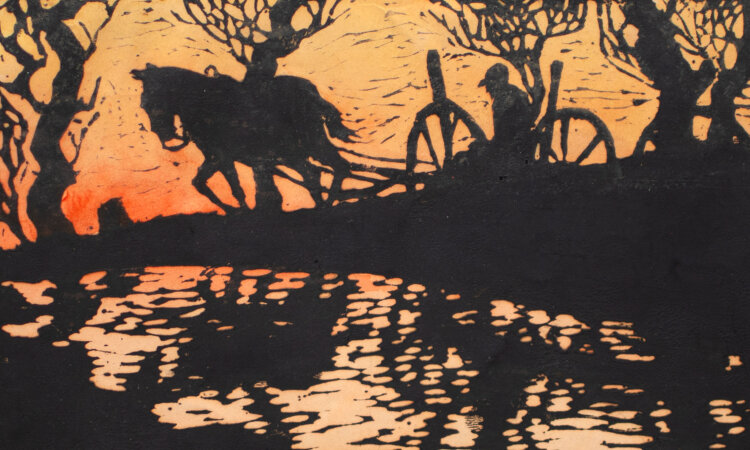 Unleserlich signiert - Pferdegespann bei Sonnenuntergang...