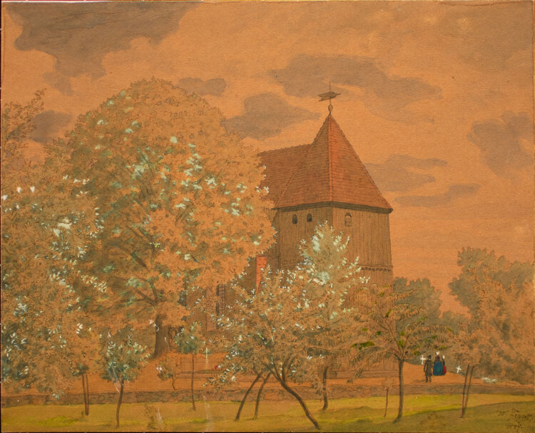 Signiert W. Frank - Kirche mit Kirchgängern - 1889 - Aquarell