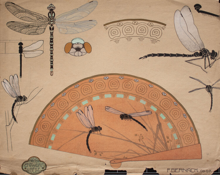 F. Bernack - Entwurf für einen Fächer mit Libellen - 1907 - kolorierte Tuschezeichnung