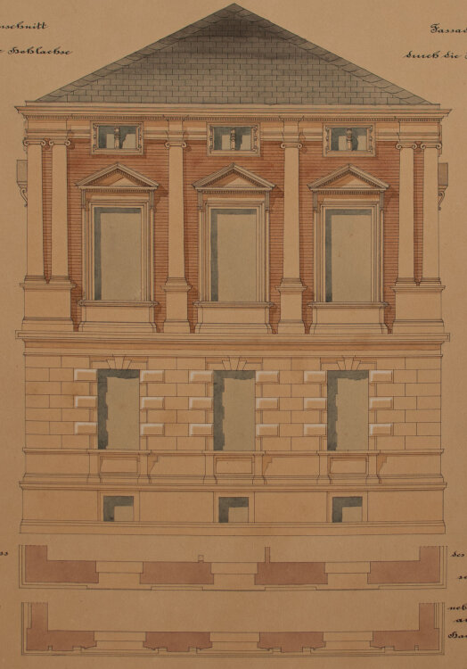 Signiert Chr. Rohwer - Fassade Technikum Strelitz - 1900 - Tuschezeichnung
