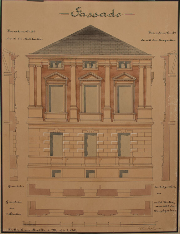 Signiert Chr. Rohwer - Fassade Technikum Strelitz - 1900...