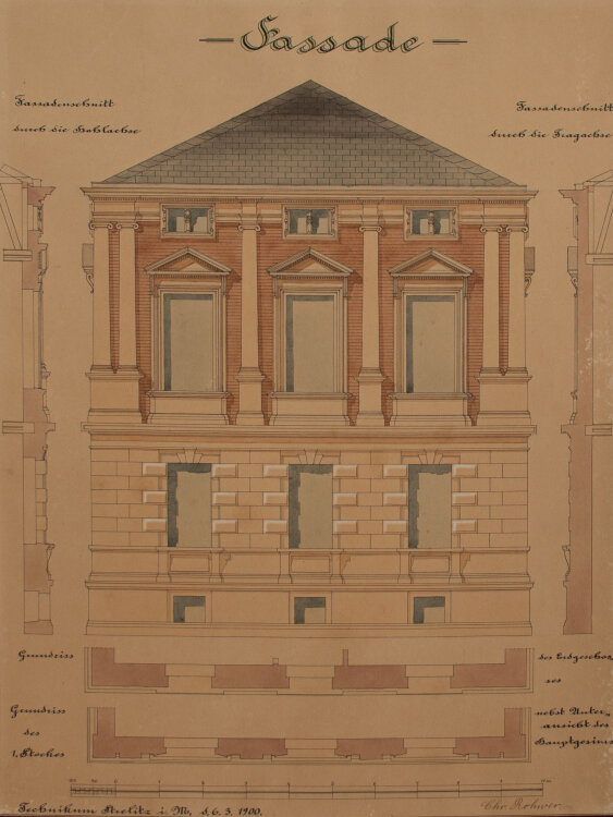 Signiert Chr. Rohwer - Fassade Technikum Strelitz - 1900 - Tuschezeichnung
