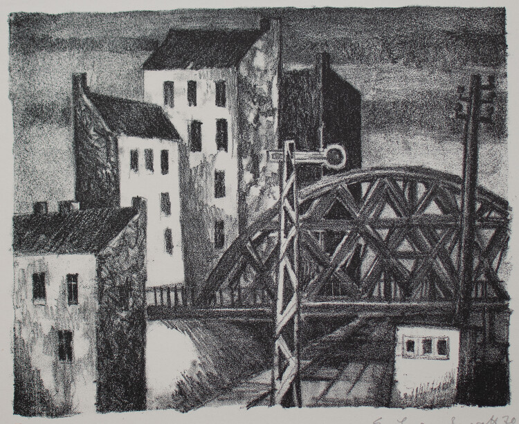 unbekannt - Stadtansicht mit Eisenbahnbrücke - 1970 - Lithografie