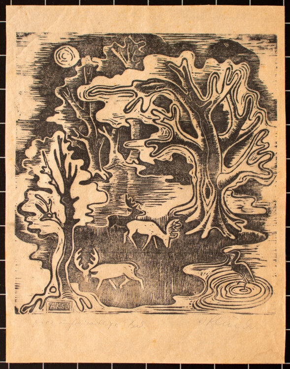 Unleserlich signiert - Elche im Wald - 1950 - Linoldruck