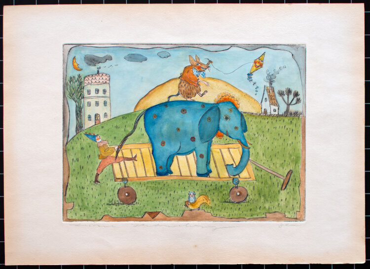 Liesel Büsing-Heintzenberg - Mäuse auf einem Elefant - 1980 - Farbradierung