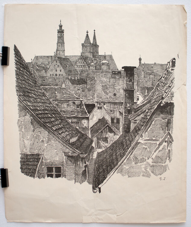 Monogrammist E.L. - Stadtansicht, Dächer - o.J. - Lithografie