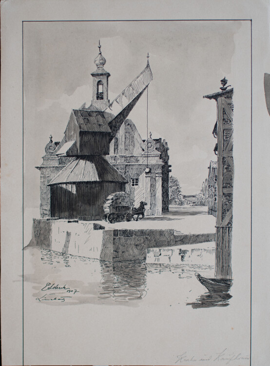 Signiert E. Schuh - Lüneburg - Kran und Kaufhaus - 1907 - lavierte Tusche