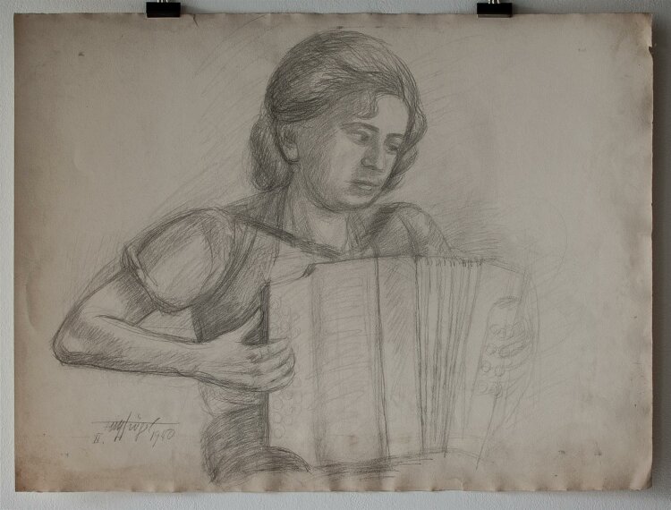 Fritz Tröger - Frau mit Akkordeon - Zeichnung - 1940