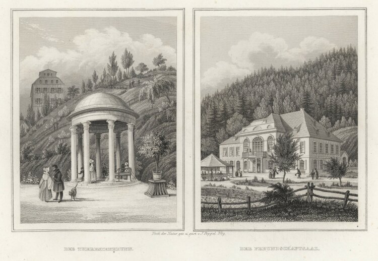 Johann Poppel - Theresienbrunnen und Freundschaftsaal in Karlsbad - 1837 - Stahlstich