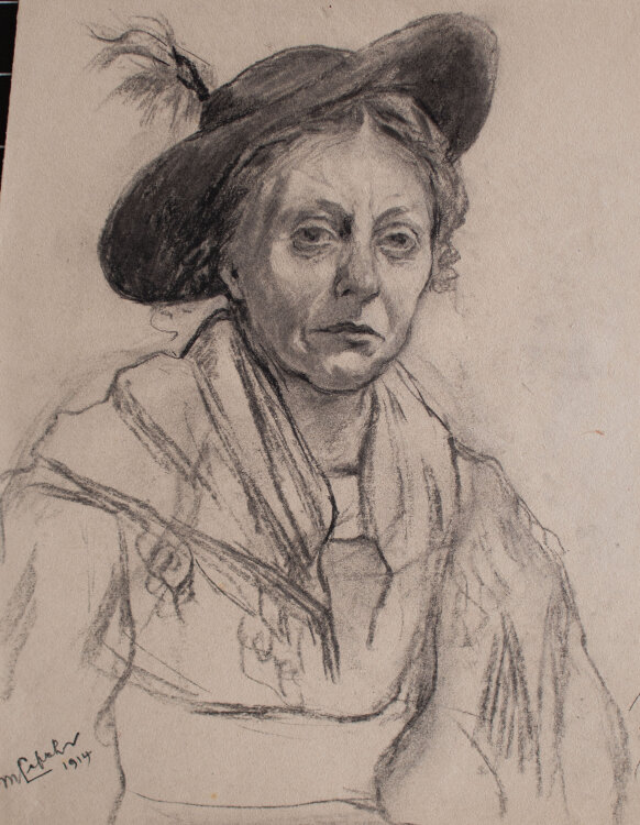 Max Lefeber - Porträt einer Frau mit Hut und Schultertuch - 1914 - Kohle
