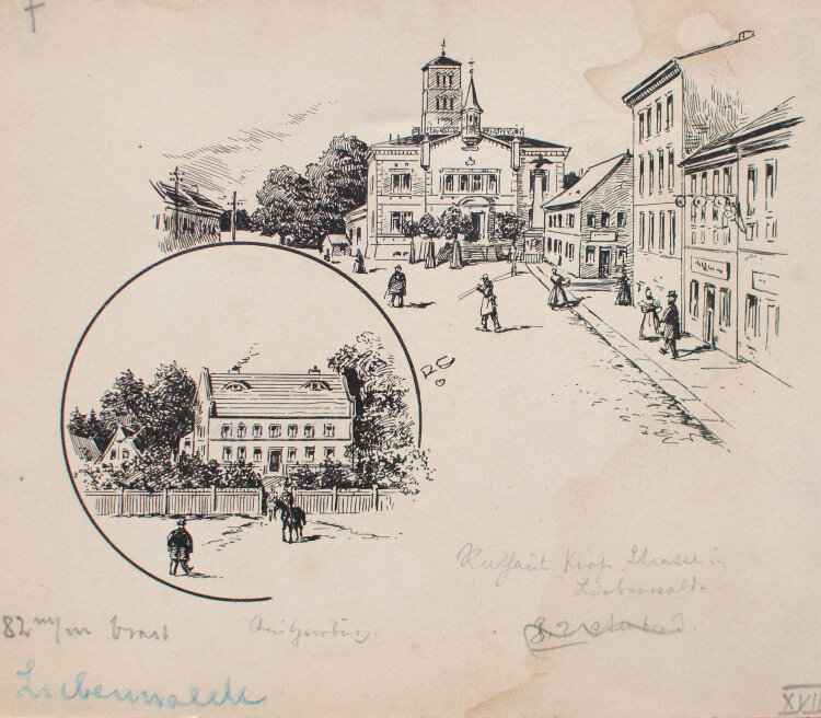 unbekannter Monogrammist RC - Rathhaus, Kirche, Straße in Liebenwalde - o.J. - Tusche