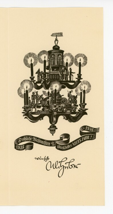 Uli Huber - Grußkarte mit Kerzenleuchter - 1935 - Holzstich