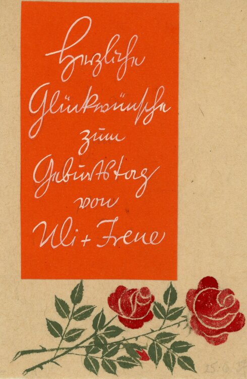 Uli Huber - Grußkarte mit Rose - o.J. - Gouache