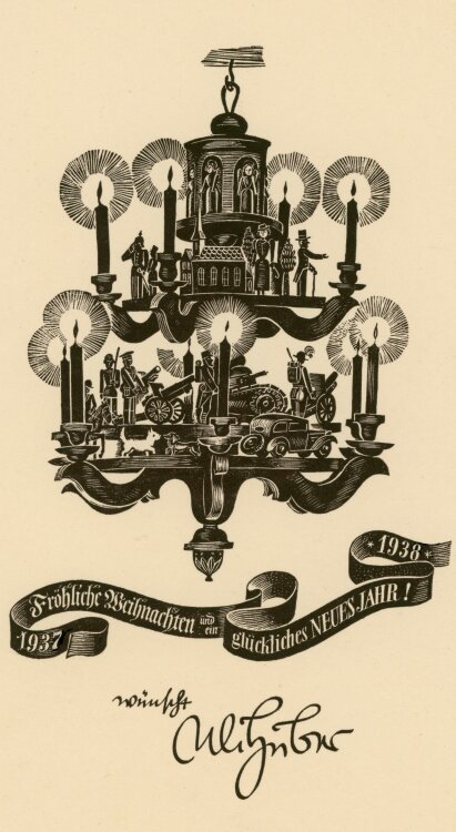 Uli Huber - Grußkarte mit Kerzenleuchter - 1937 - Holzstich