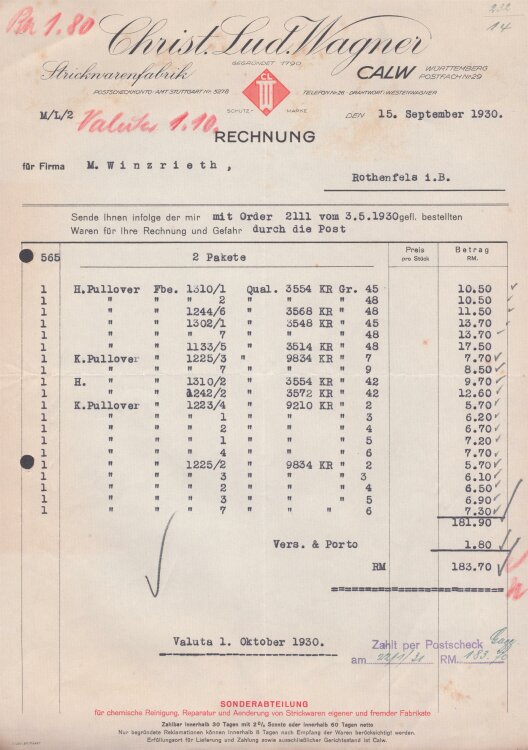 Christ. Lud. Wagner Strickwarenfabrik - Rechnung - 15.09.1930