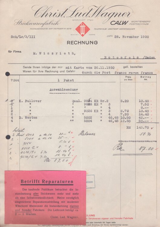 Christ. Lud. Wagner Strickwarenfabrik - Rechnung - 28.11.1930