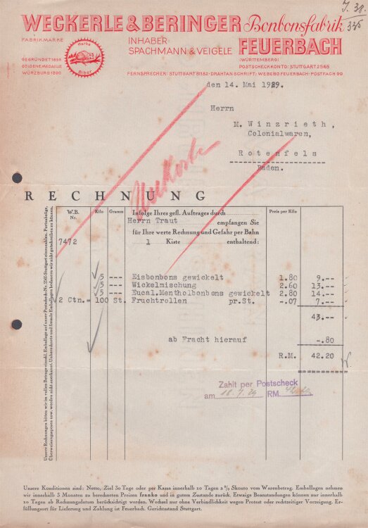Weckerle & Beringer Bonbonsfabrik - Rechnung - 14.05.1929