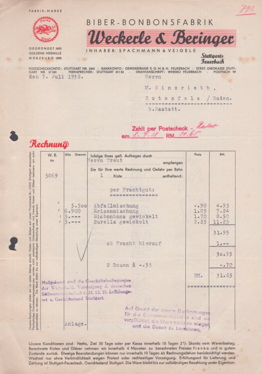 Weckerle & Beringer Bonbonsfabrik - Rechnung - 07.07.1938