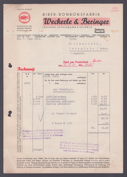 Weckerle & Beringer Bonbonsfabrik - Rechnung - 07.07.1938