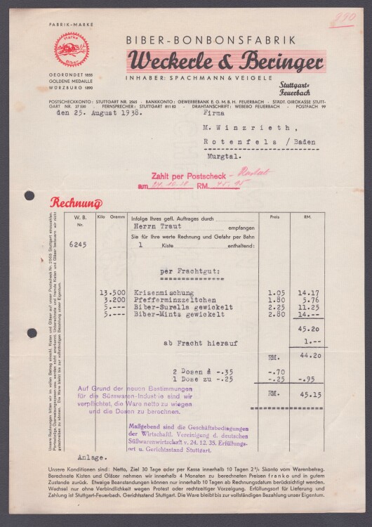 Weckerle & Beringer Bonbonsfabrik - Rechnung - 25.08.1938