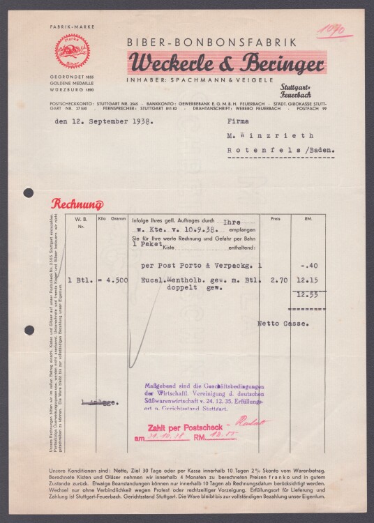 Weckerle & Beringer Bonbonsfabrik - Rechnung - 12.09.1938