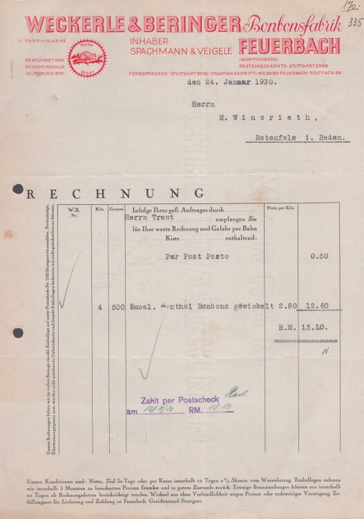 Weckerle & Beringer Bonbonsfabrik - Rechnung - 24.01.1930