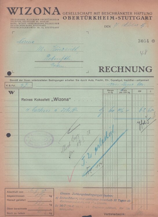 WIZONA GmbH - Rechnung - 31.10.1927