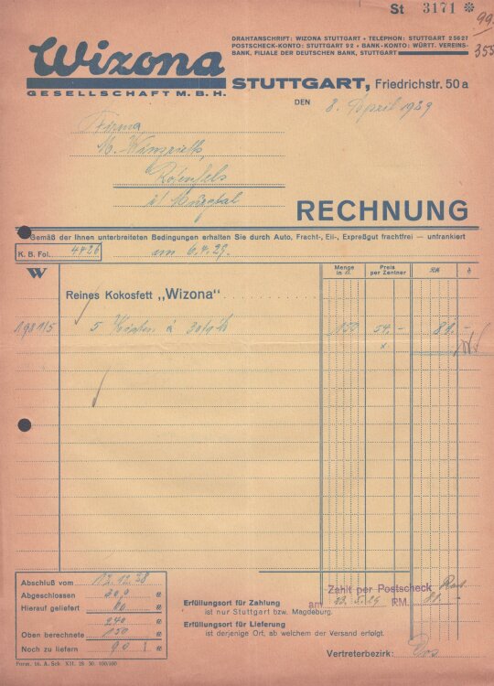 WIZONA GmbH - Rechnung - 08.04.1929