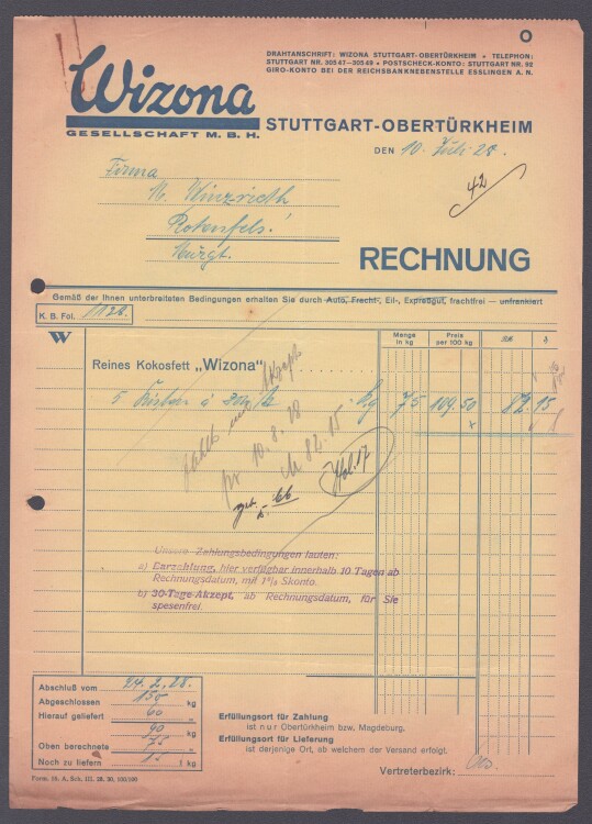 WIZONA GmbH - Rechnung - 10.07.1928