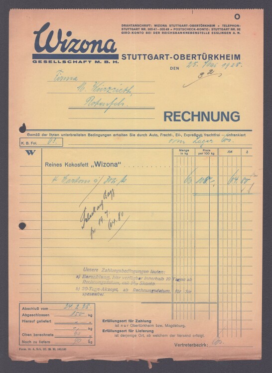 WIZONA GmbH - Rechnung - 25.05.1928