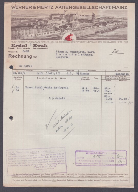 Werner & Mertz Aktiengesellschaft Mainz - Rechnung - 28.04.1928