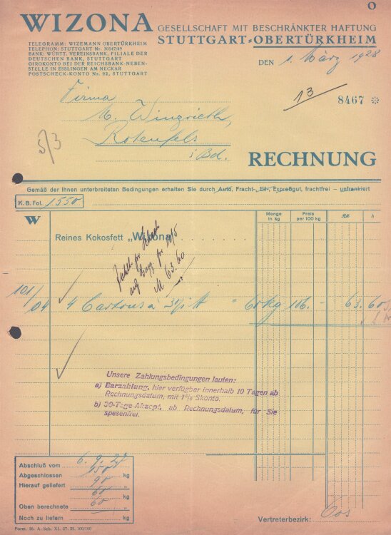WIZONA GmbH - Rechnung - 01.03.1928