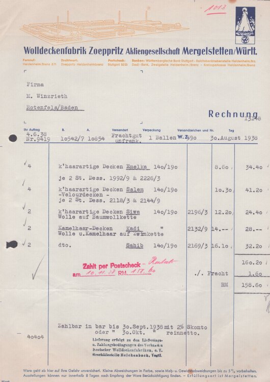 WIZONA GmbH - Rechnung - 30.08.1938