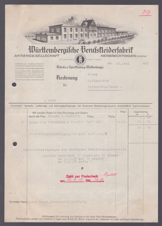 Württembergische Berufskleiderfabrik AG - Rechnung - 28.06.1938