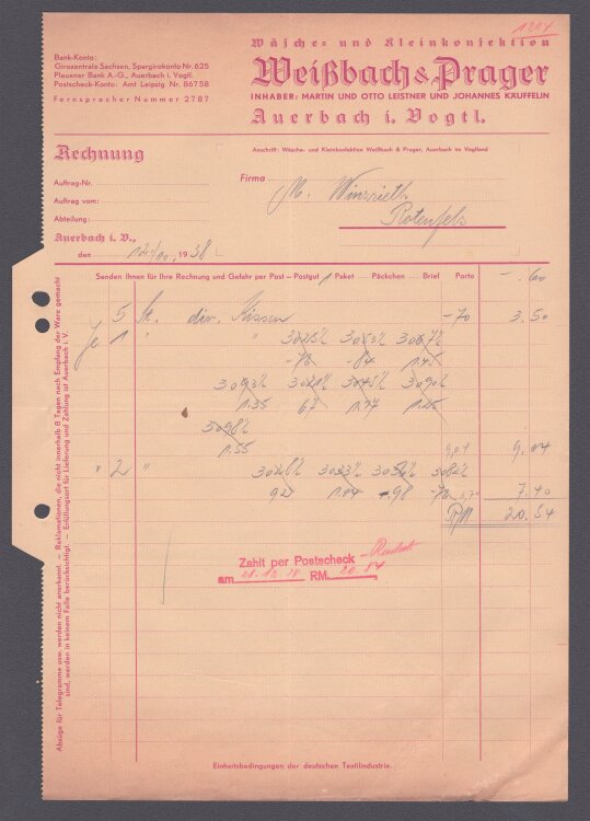 Wäsche- und Kleinkonfektion Weiß - Rechnung - 12.10.1938