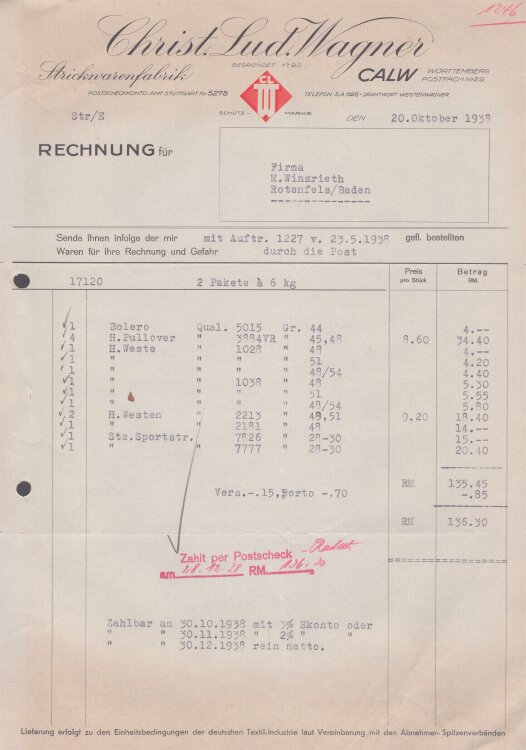 Christ. Lud. Wagner Strickwarenfabrik - Rechnung - 20.10.1938